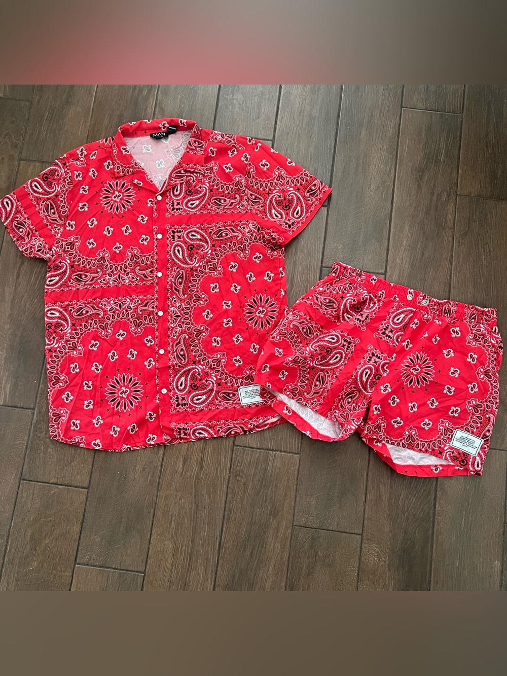 Boohooman Men's Two-Piece Red Bandana Swim Trunks and Shirt size XL